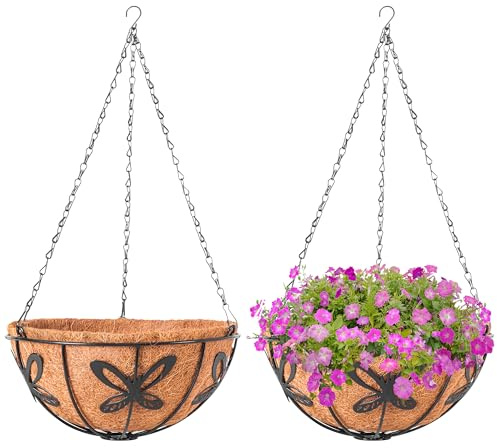 ARVINKEY Hängande korgar planterare för växter, 2-pack 30 cm rund metalltråd hängande blomkrukor med kokosnötskedja, växthållare för hem, trädgård, balkong, dekor