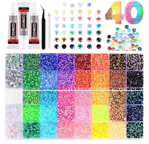 40 Colores Strass Resina Jelly 3mm,32000 Piedras Brillantes Base Plana Bedazzling Kit con 3x10ml Pegamento, Pinza & Bolígrafo Cera para Uñas,Zapatos,Ropa,Fundas Móvil,Pintura Diamant