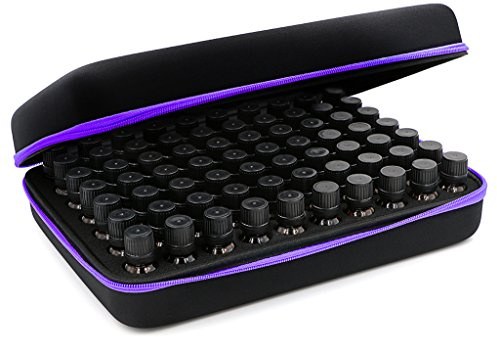 BTSKY 70 Bottles Durable Waterproof Hard Shell EVA Large Capacity Essential Oils Handle Carrying Case Bag Nail Polish Storage Box Foam Insert Organizer Tote(Essential oil not included) (Black+Purple)