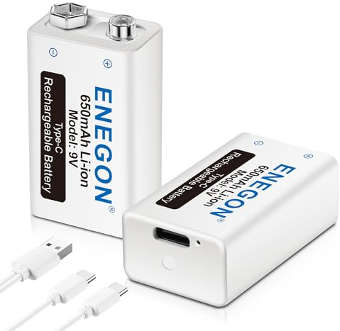 ENEGON 9V USB-C/Type-C Dirette Batteria 650mAh Litio Ricaricabile con Cavo USB-C 2 in 1 per Microfono, Allarme antifumo, Giochi elettrici, Walkie-talkie ed altri dispositivi (2-Pezzi)