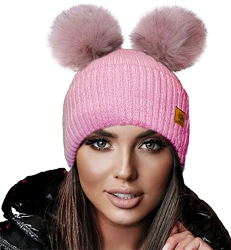 4sold Miki Damen Mütze Farbe Wintermütze Wolle Strickmütze Mit Doppelten Pom Pom Cap Ski Snowboard Bobble Made in Poland