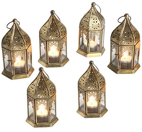 Orientalisches Windlicht Nael Transparent 6er Set Höhe 16cm in Antik-Gold Look aus Metall & Glas | marokkanische Ramadan Eid Teelichthalter Tisch-Deko | WDL1080