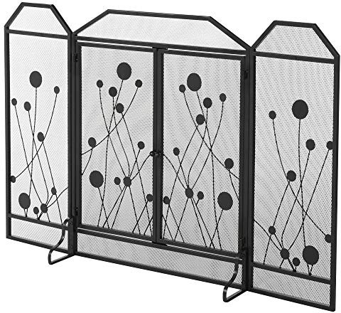 HOMCOM Parascintille Pieghevole per Camino in Acciaio e Metallo Nero con 2 Porte a Chiusura Magnetica, 125x80cm