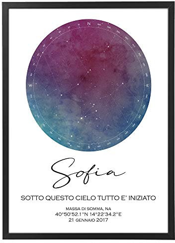 Personalisierte Sternenkarte nur mit Rahmen oder Poster - Rahmen verschiedene Größen verschiedene Farben Made in Italy Star Poster (Aquarell 002)