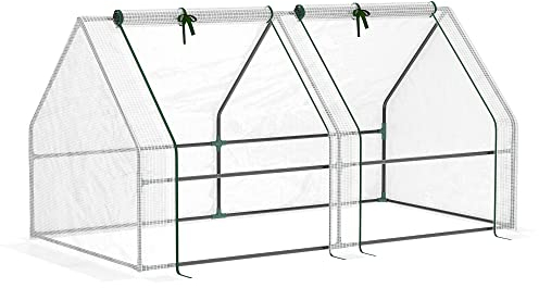 Outsunny Mini Serre de Jardin Mini Serre Tunnel 180L x 90l x 90H cm Toit Pointu Acier PE Haute densité 140 g/m² Anti-UV 2 fenêtres avec Zip enroulables Blanc