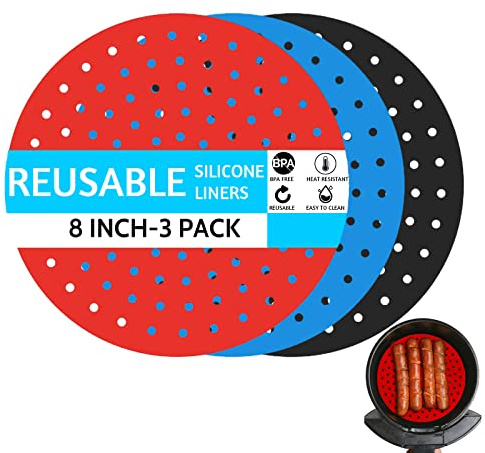 ADQOO Air Fryer Liners, 3 Pack 8 Inch Round Non-Stick Reusable Silicone Mats, 100 Percent Food-Grade, Easy Clean Kitchen Mat Accessories For NINJA, Instant Pot Duo, Power XL, Foodi, and More, Red