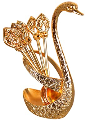 6 Stück Kaffeelöffel mit Schwanenhalter Teelöffel Dessertlöffel, Schwanenform Löffel Set, Kaffeelöffel Gold Vintage mit Ständer Schwanenboden Besteck Set, Gelten für Teelöffel(Gold)