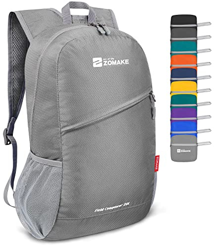 ZOMAKE Ultraleicht Faltbarer Rucksack 20 L, Kleiner Rucksäcke Wasserdicht Wanderrucksack Packable Backpack für Damen Herren Outdoor Wandern (Silber Grau)