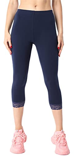 Bellivalini Femme Leggings Capri 3/4 de Bio-Coton de Dentelle pour Tunique BLV50-224 (Bleu Marine, L)