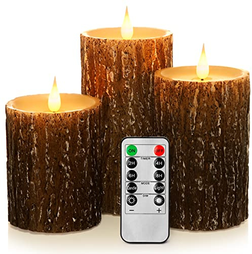 Enpornk Flameless Candles Battery Operated Pillar Pine Effect Real Wax Flickering 3D Wick Electric LED Decorative Candle Sets with Remote Control Cycling 24 Hours Timer, 4 5 6 Pack of 3
