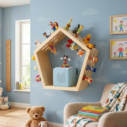 Baby Vivo Regal für Toniebox aus Holz - magnetische Aufbewahrung für 68 Tonies Tonie Zubehör Halterung Starterset - kompatibel mit Toniebox - Wandregal Kinderzimmer Holzregal zum Aufhängen - Fünfeck