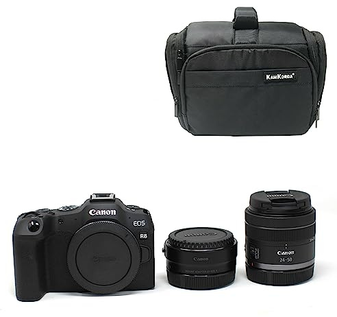 KamKorda Camera Bag + R8 Mirrorless Digital Camera Body + Adapter + RF 24-50mm f/4.5-6.3 IS STM, 32.5MP APS-C CMOS Sensor, 4K60 10-Bit Video + 2 Year Warranty