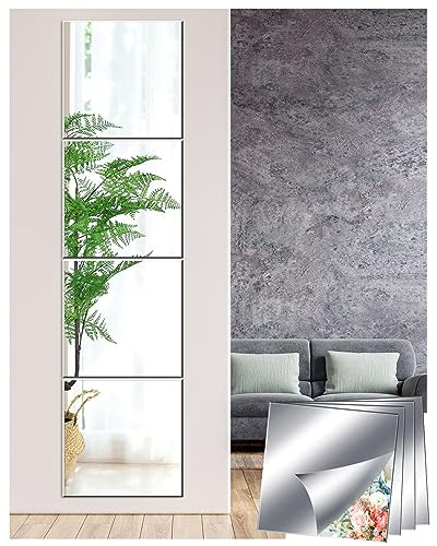 Sqinor Self Adhesive Acrylic Mirror Stick On Full Length Mirrors, Sticky Plexiglass Mirror Tiles Wall Stickers Door Full Body Long Wall Mirrors for Bedroom Living Room Gym Hallway Walls