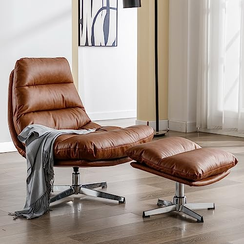 BESTANO Swivel Accent Chair with Ottoman, Mid Century Modern Faux Leather Lounge Chair with footrest, Comfy Oversized Armchair with 360 Degree Metal Base for Living Room Bedroom, Brown