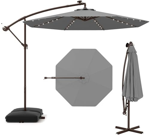 RELAX4LIFE Ombrellone da Giardino 3x3M con Luci a LED, Ombrellone da Balcone con Base a Croce e Sacco di Sabbia, Protezione Solare, per Giardino Terrazzo e Patio (Grigio)