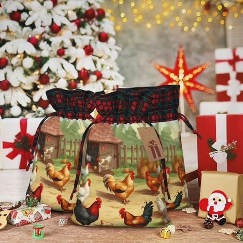 Sacchetti regalo con coulisse, 21 x 30 cm, borsa natalizia con coulisse, per arrosto, pollo, gallina, fattoria, riutilizzabile, per feste, regali, decorazioni, vacanze