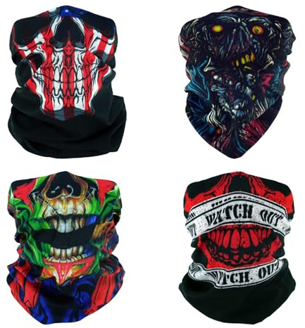 SMEHCF 4 Mehrzweck Bandanas für Damen Herren Stirnband Sturmhaube Haar Kopftuch Gesicht Halbmaske Halsmanschetten atmungsaktiv wiederverwendbar waschbar roter schwarzer Totenkopf Zombie