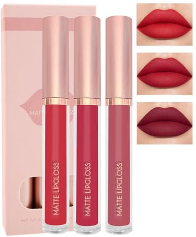 Matt Flüssig-Lippenstift-Set-3Pcs Nude Pink Ruby Rot Hochpigmentiert Lipgloss, Wasserfester Antihaftbeschichtung Lip Tint Stain Langanhaltend 24H, Lippen Make-up-Set für Frauen zum Valentinstag-SetC