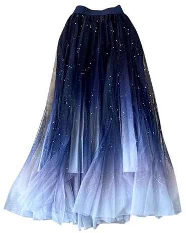 Jupe Longue Femme Été Fluide - Féerique en Tulle Plissée Maille Couleur Dégradé Étoilé Taille Haute Ligne A à Paillettes Pour Anniversaire