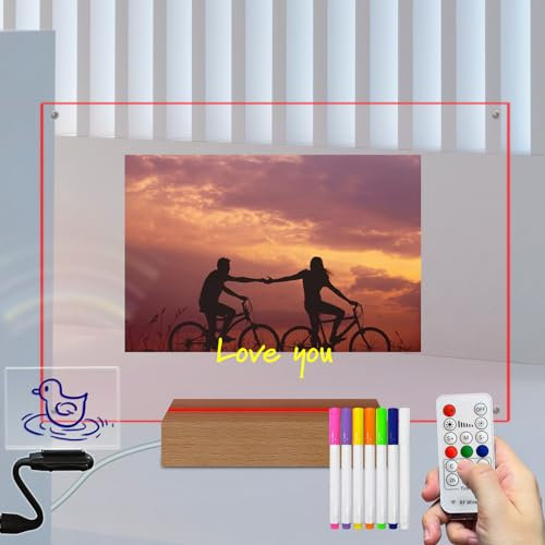 Acrylic Picture Frame Message Board 11.81x8.26Inch Timing Illuminated Night Light with Glowing Wooden Base 7 Lighting Color Lamp with Remote Control Tabletop Decor Gift Concert Ticket Collection