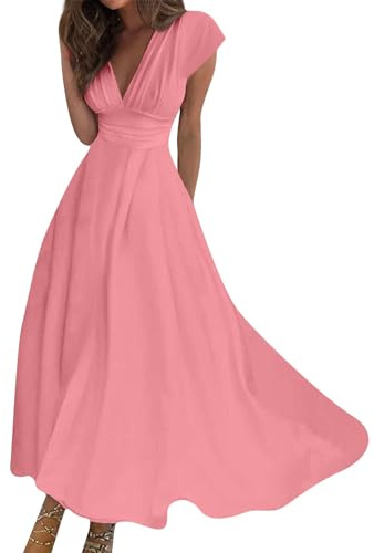 Robe Femme Chic Et Élégante Sexy Col en V Manches Courtes Longue Bohème Classique Couleur Unie Vintage De Cocktail pour Dames