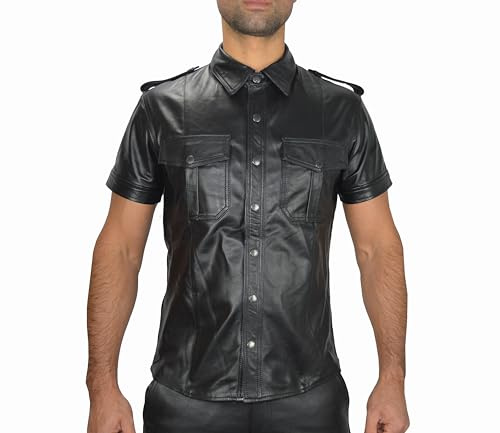 AW-6651 Schwarz Leder Hemd,Lederhemd Regular fit,Leather Shirt Slim Fit aus echtem Leder (DE/NL/SE/PL, Alphanumerisch, M, Regular, Regular, Schwarz)