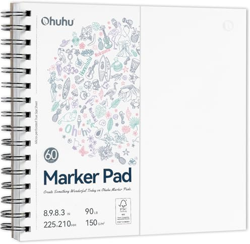 Ohuhu Taccuino da Disegno a Doppia Faccia - Senza Sbavature, Carta Spessa 150g/m², 60 Fogli/120 Pagine per Alcohol Marker e Illustrazioni Professionali, Formato Quadrata 21×21 cm