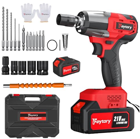 21V Brushless Cordless Impact Wrench 1/2Inch Chuck, Max Torque 550N.m Power Impact Gun with 6.0Ah Lithium Battery and Charger, 4 Impact Sockets, 3200RPM Variable Speed Electric Impact Wrench (Red)