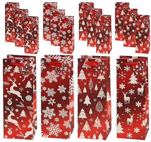 Weihnachten Weinflaschenbeutel aus Kraftpapier,12 Stück Weinflasche Tasche Geschenktaschen mit Griff,Premium Tragetaschen für Verpackung Geschenke Wein Whisky Flaschen,für Party Weihnachten