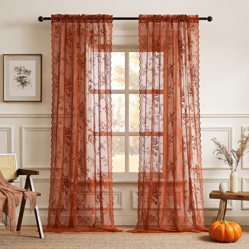 Terracotta Lace Curtains 84 Inches Long Country Rustic Floral Sheer Curtains for Living Room Bedroom Autumn Drapes Rod Pocket Light Filtering Orange Lace Curtain for Dining Room Fall Decor, 52x84