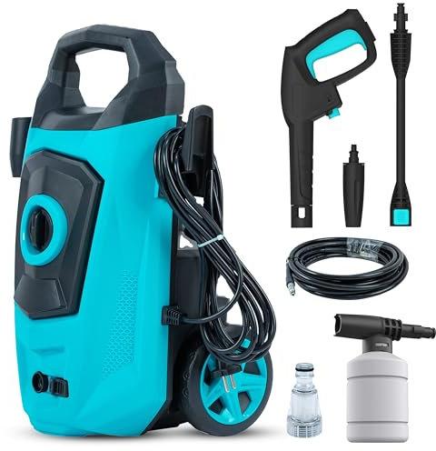 1600W Pressure Washer, Portable Jet Washer High Pressure Washers 130 Bar Electric Power Washer with Hose Reel, Power Cord, Snow Foam Bottle, Adjustable Nozzle for Patio, Car, Fences, Vehicles