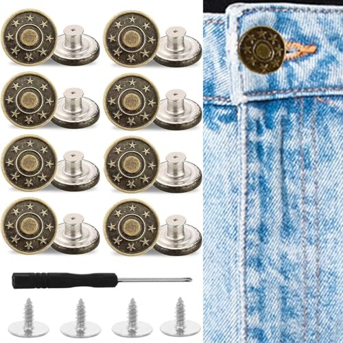 17 Pcs Buttons for Jeans, Adjustable Jean Buttons, Reusable Pant Waist Tightener, No Sew and No Tools Instant Jean Button Pins for Pants (8 Pieces Buttons,8 Threads Rivets and 1 Screwdriver)