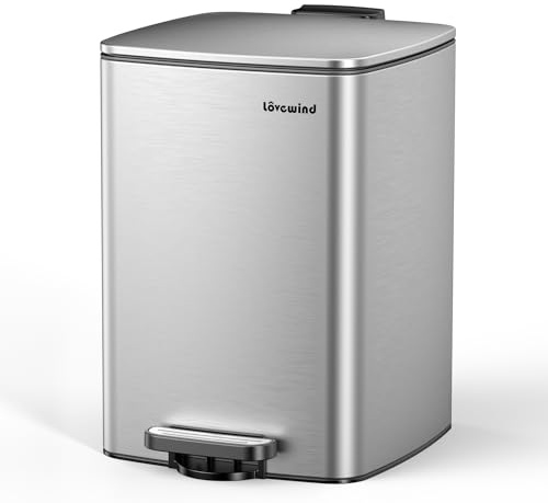 Lovewind Kitchen Trash Can with Lid, 5.2 Gallon/20 L Footstep Garbage Can for Kitchen Bedroom Home Office, 20 Liter Trash Bin Brushed Stainless Steel Waste Bin with Soft-Close Lid,Silver