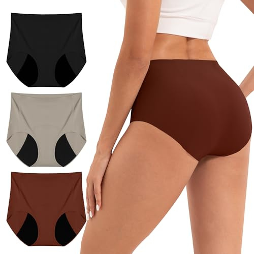 INNERSY Periodenunterschwäsche Seamless Unterhosen Nahtlos Hohe Taille Unsichtbare Slips 3er Pack (XS, Schwarz/Rot/Grau)