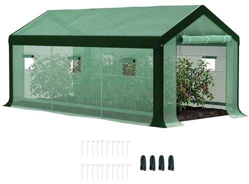 Outsunny Invernadero de Exterior 6x3x2,8 m Invernadero de Túnel con 6 Ventanas Cubierta de PE Anti-UV y 2 Puertas Enrollables con Cremallera Invernadero para Jardín Patio Verde