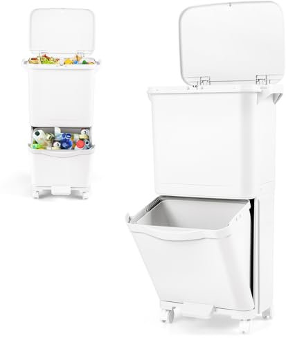 GiantexUK 40L Pedal Bin, 2-Tier Recycling Bins with 3 Compartments, 4 Wheels, Side Handles & Classification Stickers, Garbage Can Waste Separation System for Home Office