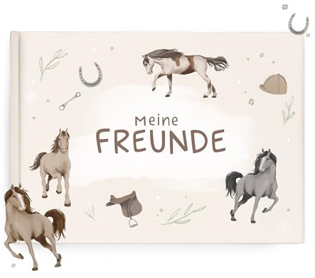 mintkind® Schulfreundebuch Pferde K – Freundebuch Grundschule für Mädchen mit handgemalten Illustrationen, 30 Freundeseiten, Geburtstagskalender, Malrätsel, stabiles Hardcover DIN A5 Querformat