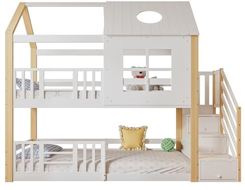 I0I&I0I Etagenbett Kinderbett mit Treppe & Stauraum, Hausbett mit Dach & Fenster, mit Fallschutzgitter, Spielbett aus Kiefer+MDF, Modernes Hochbett für Kinderzimmer (Weiß-Natur, 253.5x95.5x206cm)