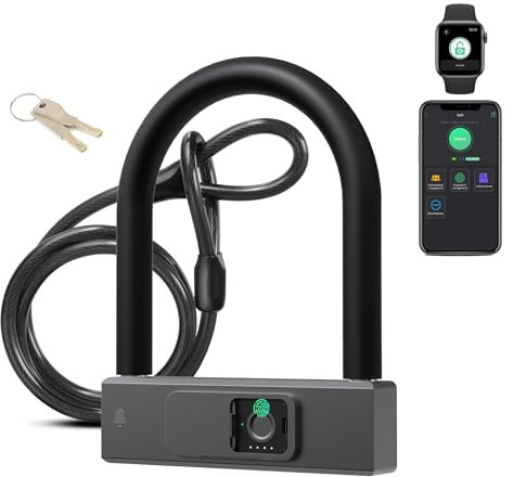 Smart-Bike-U-Schloss mit Kabel, eLinkSmart für Fahrräder, strapazierfähig, Fingerabdruck-Fahrrad-U-Schloss, 18,4 mm Bügel, 1,5 m Kabel mit Riemenhalterung, Halterung für Straße, Berg, E-Bike