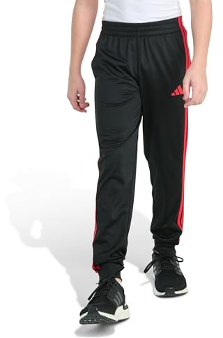 adidas Boys 3-Stripe Jogger Pants | 100% Polyester Athletic Training Pants with Elastic Waistband, Black with Red, XL (18/20)