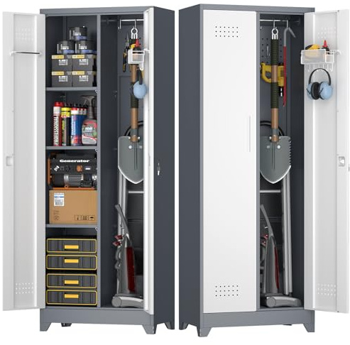 STEELIST Reinigungsschrank aus Stahl–Hoher Schrank für Putz- und Haushaltsutensilien, mit verstellbaren Ebenen, Lochplatte & Haken, Türstange, Belüftung & Schloss, Metal Broom Cabinet