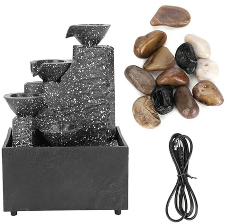 Tnfeeon USB Desktop Water Fountain Ornament Exquisite Rockery Crafts for Home Office Table Decorations with LED Lights and Stones
