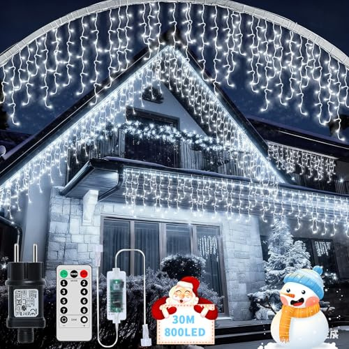 RJEDL 25+5M 800 LED Rinnovabili Luci di Natale da Esterno, Luci Natalizie da Esterno Cascata con 8 Modalità,Timer,Funzione Memoria Tenda Luminosa Esterno per Decorazioni Natalizie da Balcone