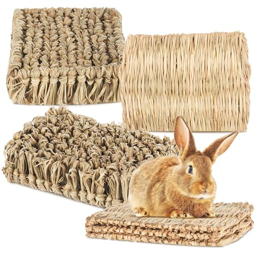 Blulu 4 Pcs Rabbit Grass Bed Rabbit Mats Guinea Pig Hamster Bedding Hay Bunny Natural Straw Woven Bed Handmade Bedding Sleeping Grinding Nesting and Chewing for Chinchilla Hedgehog Small Animal