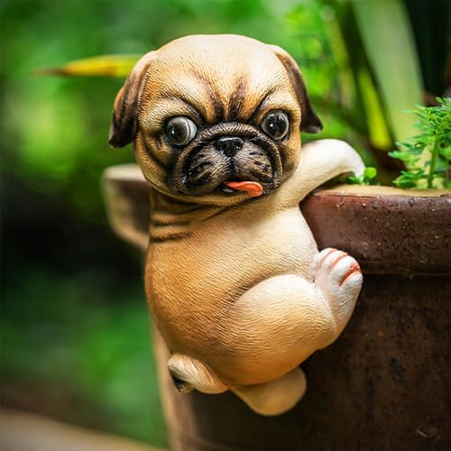 JACKANNA Realistische Fat-Pooch Dekofigur mit Rehkitz & Mops - Witzige Outdoor-Hundestatue als Garten-Deko für Balkon & Terrasse, wetterfest & hängbar (Orange)