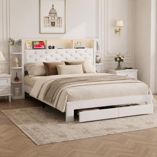 JOROBURO Doppelbett Holzbett 160x200 cm mit Stauraum Kopfteil, Polsterbett Bett mit Staufach und 2 Schubladen, Funktionsbetten Jugendbett mit Led und USB, Stauraumbett mit Lattenrost, Weiß