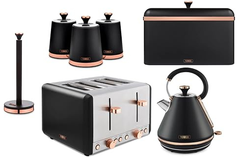 Tower Cavaletto Black 1.7L 3KW Pyramid Kettle, 4 Slice Toaster, Bread Bin, Canisters & Kitchen Roll Holder. Contemporary Kitchen Set of 7 in Matte Black Finish with Rose Gold Accents