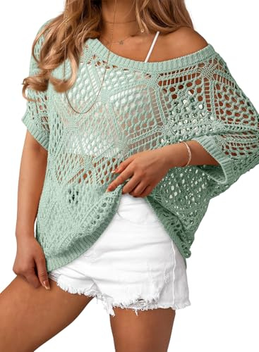 Dokotoo Swimsuit Coverup for Women Summer Short Sleeve Knit Sweaters Crochet Tops for Women Off Shoulder Casual Boho Color Block Beach Vacation Clothes 2026 Fashion Hollow Out Cruise Outfits Green L