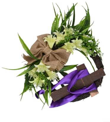 Gettimore Osterkranz mit Kreuz-Girlande, 35 cm, künstliche Blume und Gründekoration, für Zuhause, Party, Stoff und Holz