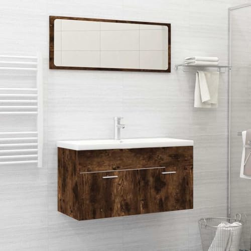 Ziaphsol Juego de muebles de baño de madera de roble ahumado, armario bajo lavabo de 90 cm con espejo, resistente a la humedad, montaje en pared, diseño moderno para baño